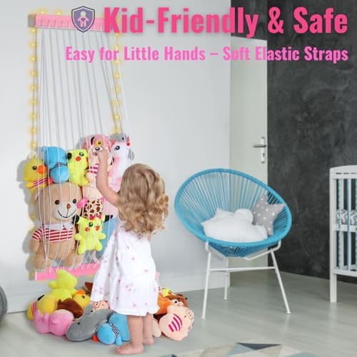 Stuffed Animal Storage Wood Soft Toy Storage for Kids Room，Wall Mount Door Hanging Stuffed Animal Toy Organizer Shelf for Nursery Play Room White with LED Coil -Patent - Image 5