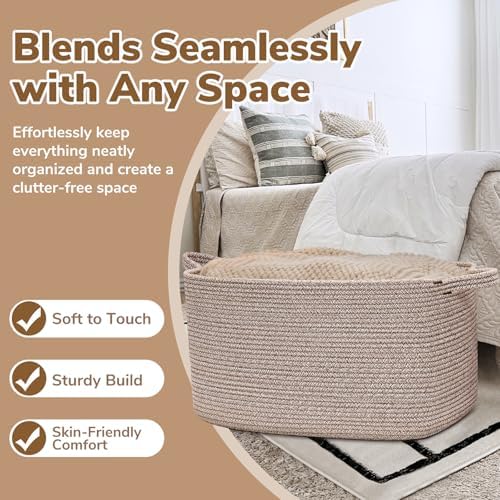 Goodpick Large Woven Rope Blanket Basket, Rectangle, Brown, 75L - Image 5
