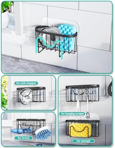 HapiRm Multifunctional Sponge Holder with Unique M-Shaped, 2 Installation Methods Kitchen Sink Caddy Organizer, Rustproof Stainless Steel Kitchen Organizers and Storage Essentials - Black (Pack of 2) - Image 2