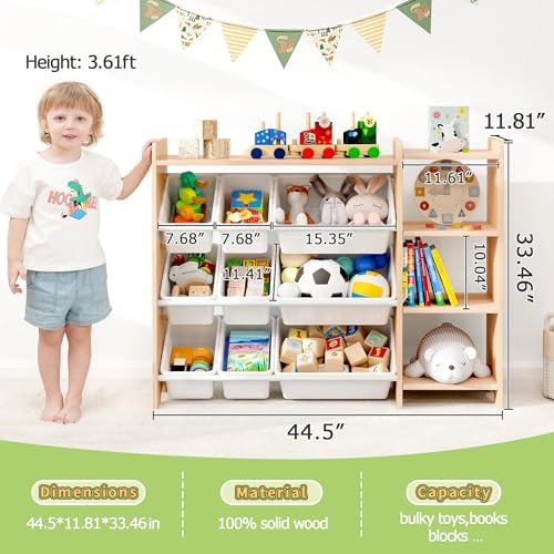 MallBest Kids Toy Storage Organizer with Bins, Solid Pine Wood Frame Toy Storage Cabinet and Kids Bookshelf, 3-Tier Playroom Organizer for Kids Room, Nursery and Bedroom, Natural - Image 3