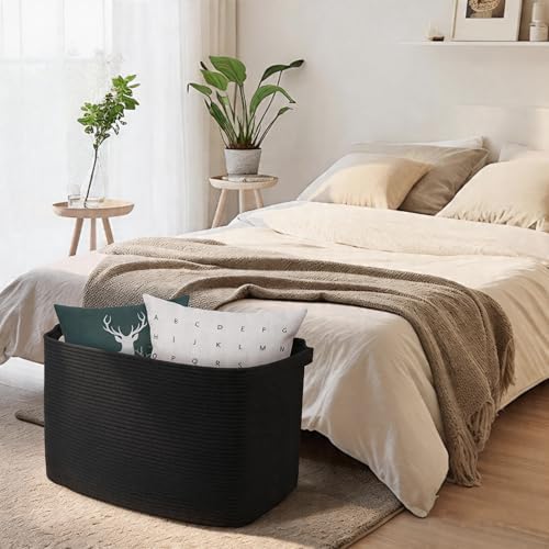 MEGASKET Extra Large Basket for Blankets, 23.6" x 17" x 12" Black Blanket Storage for Living Room, Big Cotton Rope Pillow Holder, Rectangle Kid Dog Toy Bin Box, Woven Laundry Basket, Shoe Bin Entryway - Image 5