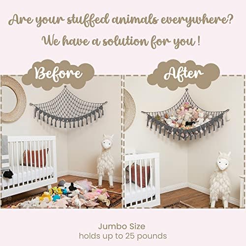Abby Baby Extra Large Stuffed Animal Storage Hammock Corner with LED Lights – 25LB Capacity Hanging Toy Net for Small or Large Plushies, Boho Macrame Squishmallow, Plush Net, Gray - Image 5