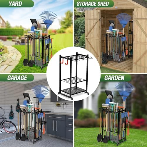 Sttoraboks Garden Tool Organizer Rack Up to 50 Tools, Heavy-Duty Steel Yard Tool Organizer for Garage Storage with 11 Hooks, Broom Holder & Garden Tool Rack for Shed, Patio, Outdoor Use, Black - Image 6