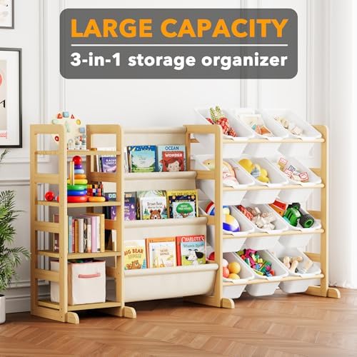 SpaceAid 3-in-1 Toy Storage Organizer with 4 Shelves and 12 Bins, Toy Organizers Storage 3-Tier Bookshelf, Kids Bin Shelf Box Bookcase for Bedroom Playroom Organization Room Decor, White - Image 2