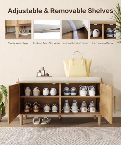 Akxomel 31.5" Rattan Shoe Storage Bench 2 Doors Wooden Entryway Bench Oak - Image 6