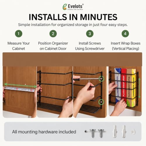 Evelots Kitchen Wrap Organizer - Hold up to 4 Plastic, Foil, Paper, Wax - Cabinet Door, Wall Rack Basket - Sandwich, Freezer, Food Bag Storage - Laundry Supplies - Black - Image 5