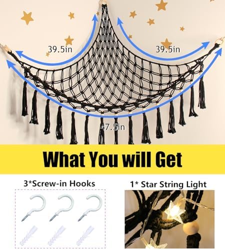 Stuffed Animal Toy Storage Hammock with LED Light - Macrame Jumbo Doll Corner Stuff Animals Organizer Decorations - Cute Hanging Plushie Net Kids Baby Nursery Bedroom Room Decor - Image 5