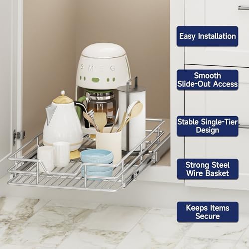 Pull Out Cabinet Organizer, 13.5" W x 21.5" D, Heavy Duty Chrome Slide Out Shelf for Base Cabinets, Sliding Wire Basket Drawer for Pantry Items, Bowls, Containers & Cleaning Supplies - Image 4