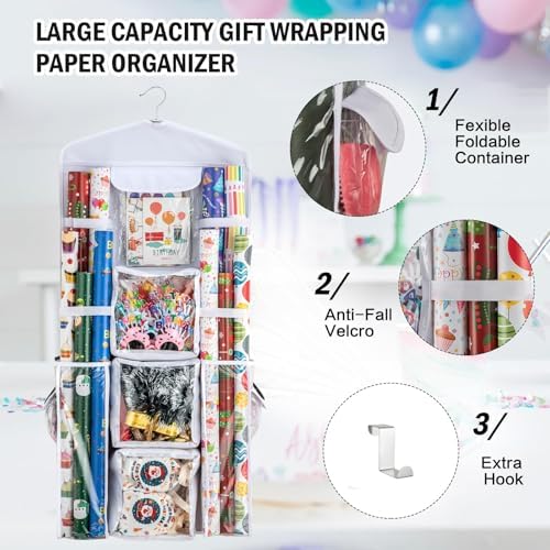 Christmas Wrapping Paper Organizer Storage, Hanging Gift Bag Storage Organizer, Double-Sided Wrapping Paper Holder Storage - White - Image 5