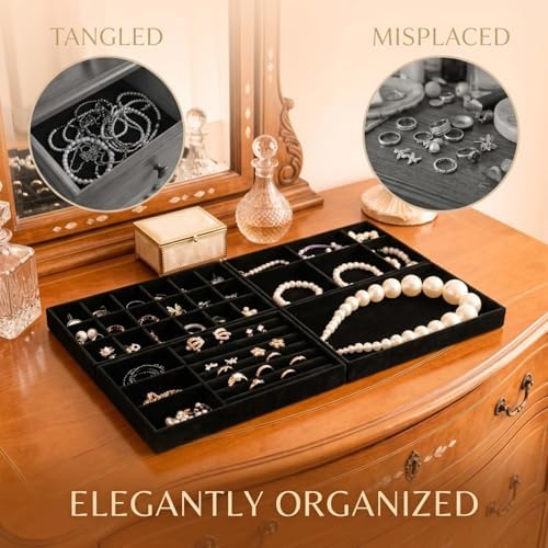 8 Pcs Jewelry Drawer Organizers, Velvet Jewelry Trays for Drawer, Stackable Jewelry Trays, Ideal for Rings, Earrings, Bracelets, Necklaces, Black - Image 5