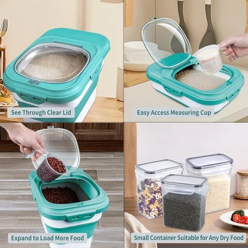 Komzon Rice Storage Container, Collapsible Airtight Food Storage Containers 6-20 Lbs, Rice Dispenser with Measuring Cup and Small Bin for Flour Cereal Pasta Grain, Cat Pet Dog Bird Food Container - Image 2