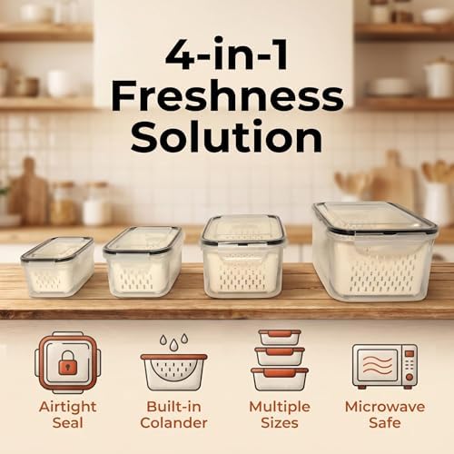 Fruit Storage Containers for Fridge, 4-Pack Fruit Containers for Fridge with Removable Colander - Airtight BPA-Free Produce Keeper, Keeps Berries Fresh 2 Weeks, Stackable Produce Storage - Image 5