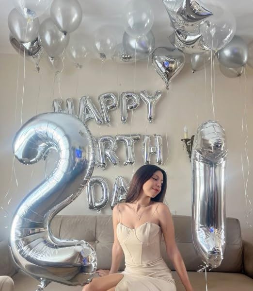 Silver Number 21 Balloon 40 inch, 12 21 Number Birthday Balloon for Boy Girl, Silver 21 for 21 12 Birthday Party, Anniversary Celebration Number Balloons