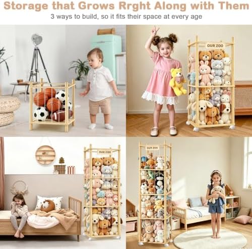 DIY Stuffed Animal Storage, Wood Adjustable 1–4 Tier Stuffed Animal Zoo Storage with Brake Wheels, Large Capacity Stuffed Animal Holder, Perfect for Nursery Playroom Kidroom Bedroom - Image 7