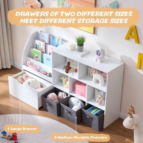 Fatmok Kids Bookshelf and Toy Storage, 2 Pack 58.5’’ Toy Organizer with Movable Chests & 3 Storage Bins, Large Kids Reading Nook with 5 Cubbies for Playroom, Bedroom, Nursery, White - Image 7