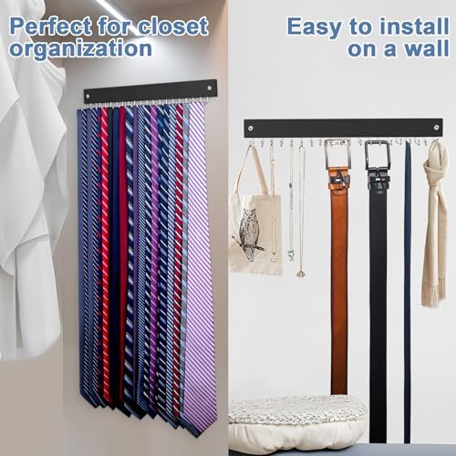 【2 in 1】 Tie Rack Belt Organizer Wall Mounted, Space Saving Tie Hanger for Closet with 20 Storage Hooks, Belt Holder for Closet Organizer Storage - Image 7