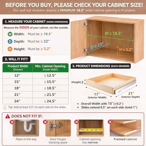 Menkxi 2 Set Wooden Pull out Cabinet Organizer Fully Assembled Slide out Pantry Drawer with Gentle Close Storage Shelf Tray for Base Kitchen Under Sink Bathroom Accessory(Wood Color,18'' X 21'' X 3'') - Image 2