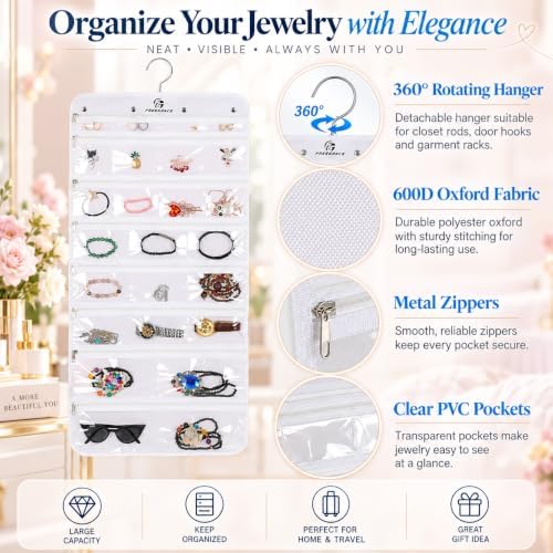 Freegrace Hanging Jewelry Organizer, 25 Zippered Pockets, 23 Necklace Hooks - Image 3