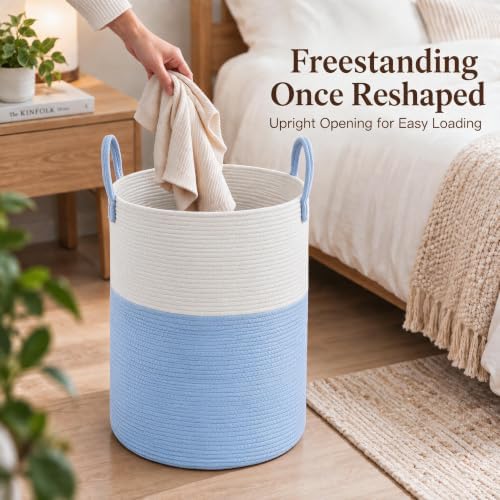 JMvicyroam 80L Cotton Rope Laundry Basket Hamper, White and Blue - Image 4