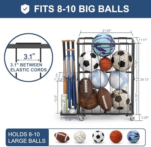 Ball Storage Rack with Side Bat Holder, Wheels, Garage Organizer - Image 5