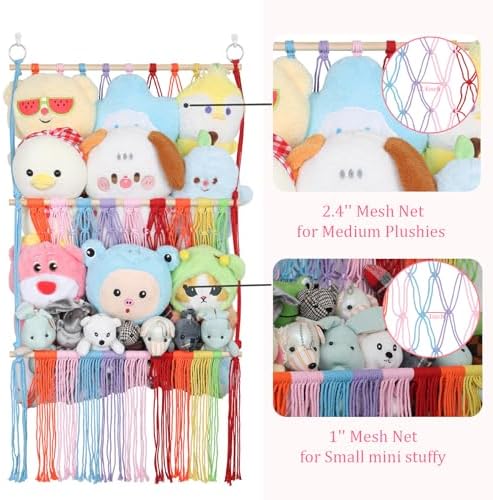 2 Tier Stuffed Animal Storage Net, Large Boho Plushies Stuffy Net,Rainbow - Image 5