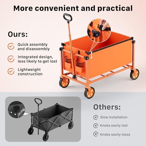 29.3" Collapsible Wagon Cart, 150L Heavy Duty Folding Utility Wagon with Wheels, 260 lbs Load, Portable Rolling Cart for Garden, Shopping, Sports, Camping, Orange - Image 6