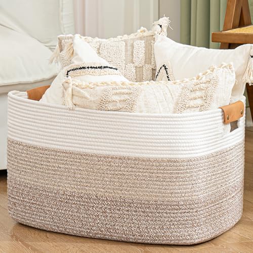 danpinera Blanket Basket, 72L Woven Storage basket with Leather Handle, Eco-friendly Decorative Storage Organization in Bathroom & Living Room for Towels 22 ''*17 ''*11.8 '', Gradient Brown - Image 2