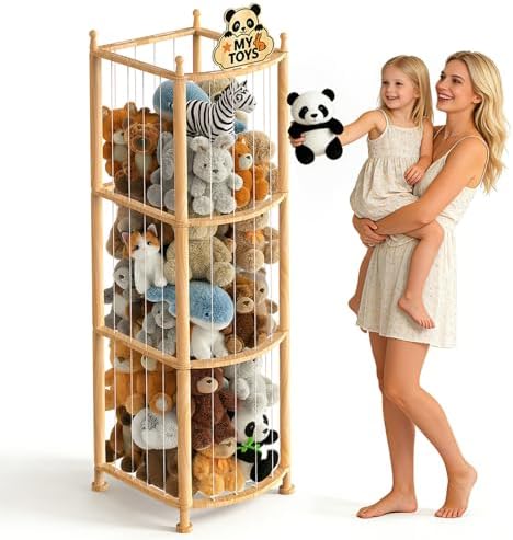 Stuffed Animal Storage Organizer, Wooden Toy Storage Organizer & Plush Storage Tower with Elastic Cords, Stuffed Animal Zoo for Kids Bedroom, Playroom & Nursery, Solid Pine, 15.7 x 15.7 x 53.5 In by PPJOKERBOY