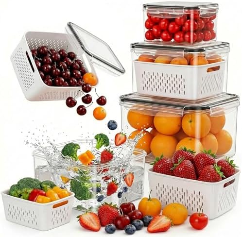 4 Pack Fruit Storage Containers for Fridge with Removable Colanders，4 in 1 Produce Storage Containers with Lids, Leakproof Fridge Organizer Bins for Salad Berry Lettuce Vegetables Meat Keeper Fresh by Unknown