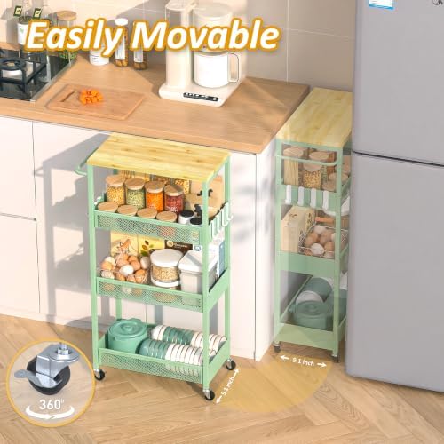9.1" Wide Slim Rolling Utility Cart, 4 Tier Metal Narrow Storage Cart with Handle and Wood Top, Multifunctional Small Mobile Shelf Unit Organizer Trolley for Laundry, Bathroom, Kitchen - Image 3
