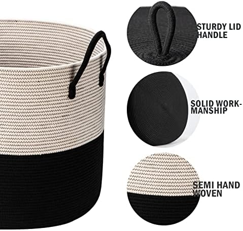 21" x 18"Extra Large storage baskets,Eco-friendly rope baskets with lid,blanket basket living room with lid,hampers for bedroom,big,round, Black 115L - Image 3
