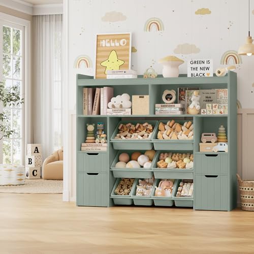 HORSTORS 55" W Toy Storage Organizer, Large Kids Bookshelf, Toy Box, Green - Image 2