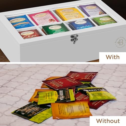 Tea Bag Organizer with Drawer - Bamboo Tea Box Organizer, 8-Compartment Tea Storage Box with Acrylic Lid and Magnetic Closure, Tea Box for Kitchen Counter, Gifts for Mom, Wife, Tea Lovers (White) - Image 7