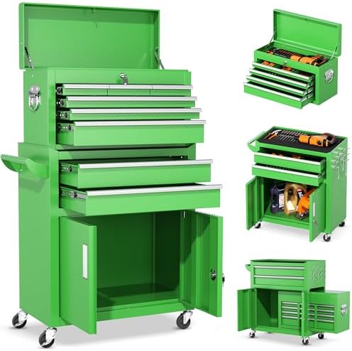 INTERGREAT Tool Chest, 8 Drawer Rolling Tool Chest with Drawers, Detachable Top Tool Box, and Locking Mechanism, Metal Tool Cart with Liner and 6 Hooks for Garage, Workshop, Green by INTERGREAT