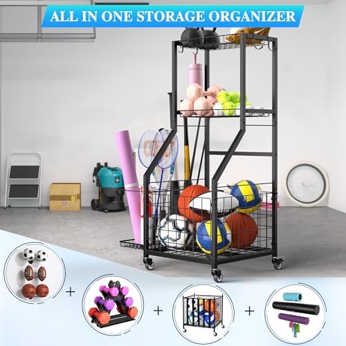 Sports Equipment Garage Organizer,Garage Ball Storage Rack for Sports with Wheels-Upgraded 3 Layers Sports Organizer Rack Outdoor Basketball Racks for Balls with Holder and Hooks - Image 2