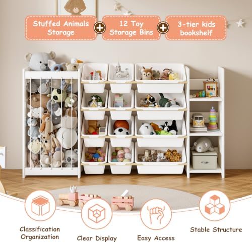 EXPERLAM 3-in-1 Kids Toy Storage Organizer, White Solid Wood, White Bins - Image 4