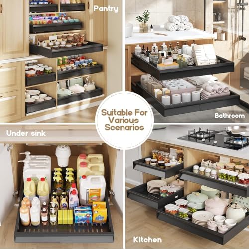 Seinloes Pull Out Cabinet Organizer, 4-Side Expandable to Fit Most Cabinets, 3 Rail Slide Out Drawers with Raising Pad for Framed & Frameless Cabinets, 13"-21" W x 17"-24" D, Black, 4 Pack - Image 6