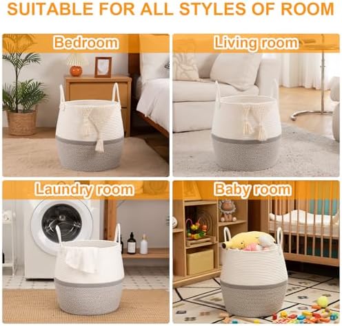 OIAHOMY 60L Blanket Basket with Handle, Storage Basket for Living Room, Laundry Hamper for Clothes, Towels, Pillows, Toy Storage for Kids and Dogs, Baby Hamper for Nursery - Grey & White - Image 4