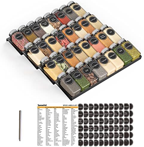 SpaceAid Spice Drawer Organizer with 32 Spice Jars, 386 Spice Labels, 4 Tier Seasoning Rack Tray Insert for Kitchen Drawers, 15" Wide x 17.5" Deep by SpaceAid