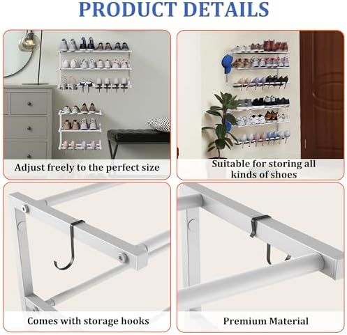 Wall Mounted Shoe Rack, 3 Tier Hanging Shoe Rack Holds 12 Pairs, 17"-30" Adjustable Heavy Duty Metal Shoe Organizer Holder with 2 Storage Hooks, Space Saving for Closet Entryway Doorway（White - Image 7