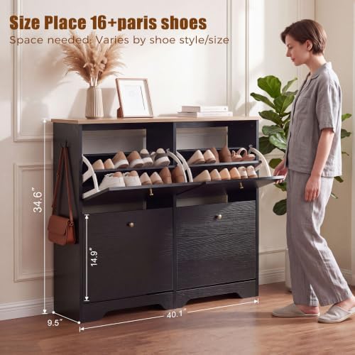Nicetree 4 Flip‑Drawer Shoe Cabinet,Walnut Top,9.5" Deep,Light Black - Image 2