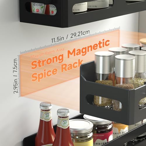 Sevenblue 2-Pack Magnetic Spice Rack for Refrigerator with Hooks, Black - Image 2