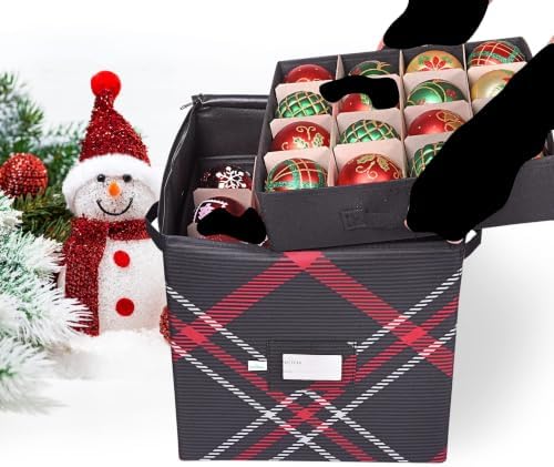 Christmas Ornament Storage Box | 4 Individual Trays with Dividers | Holiday Organizer Container | Fits 64 Ornaments Decoration Balls Holder | Strong Oxford Material (Plaid) - Image 4