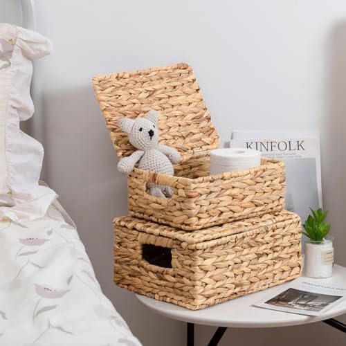 Wicker Storage Baskets, Hand-Woven Rectangular Wicker Basket with Lid for Bedroom & Living Room, Nesting Rattan Basket for Shelves (Water Hyacinth, 3-Pack) - Image 2