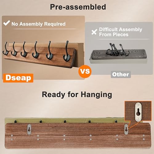 Dseap Coat Rack Wall: 24" Long, Patented, Heavy-Duty, 6-Double-Hooks Wooden Wall Mounted Coat Rack Coat Hanger Hook Rail for Winter Coats Hat Jacket Clothing, Light Brown, Pack of 2 - Image 4