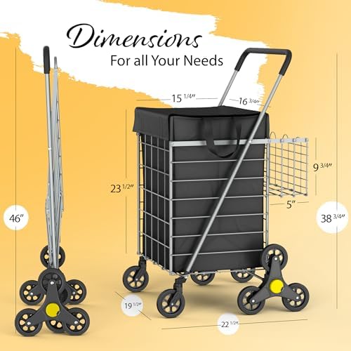 Our Modern Space Stairs Climbing Shopping Cart w/Waterproof Basket Liner & 360° Swivel Wheels | Foldable Collapsible & Lightweight | Perfect for Groceries Laundry Utility Cart - Silver - Image 2