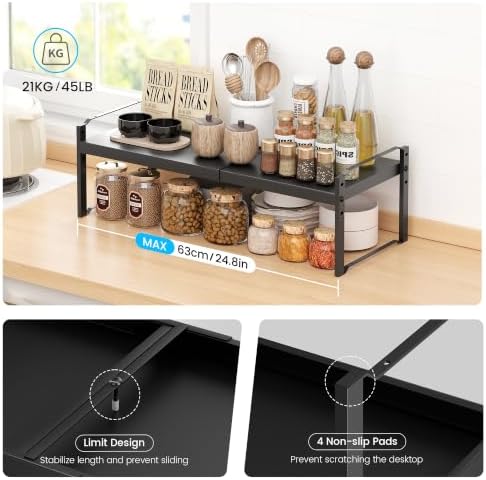 Cawukege Expandable Cabinet Organizer Shelf, Metal Countertop Storage Shelves, Heavy Duty Adjustable Spice Rack Stackable for Kitchen Pantry Storage Rack (Black, 1 Pack: 14.2-24.8"L x 7.87"W x 8.66"H) - Image 6