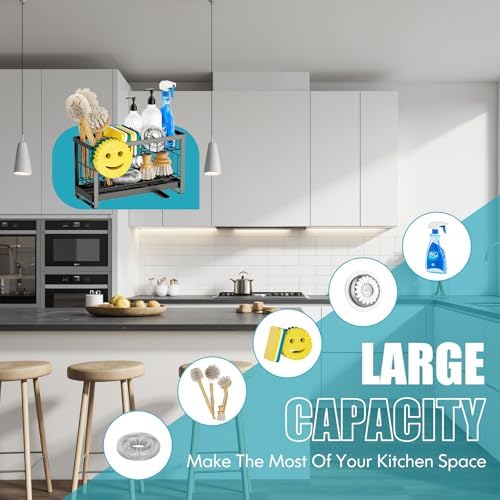 Sponge Holder for Kitchen Sink with Flexible Smiley Face, 2 Tier Kitchen Sink Organizer, Countertop and Storage Essentials, Soap Dispenser Organizer, Home Decor Accessories - Black - Image 5