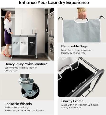 ROMOON Laundry Sorter Hamper 3 Section, Divided Laundry Basket Organizer - Image 6