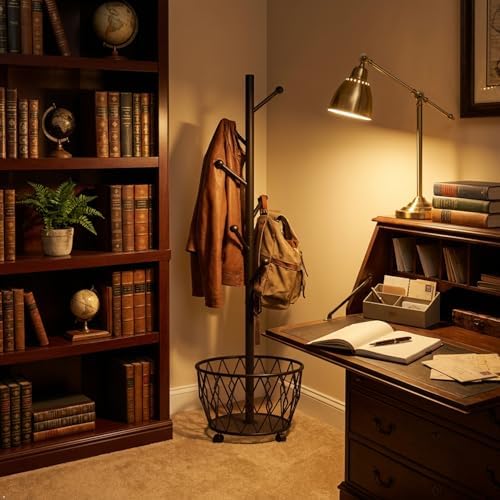 Black Moveable Tree Metal Coat Rack with Basket Freestanding 65" - Image 3